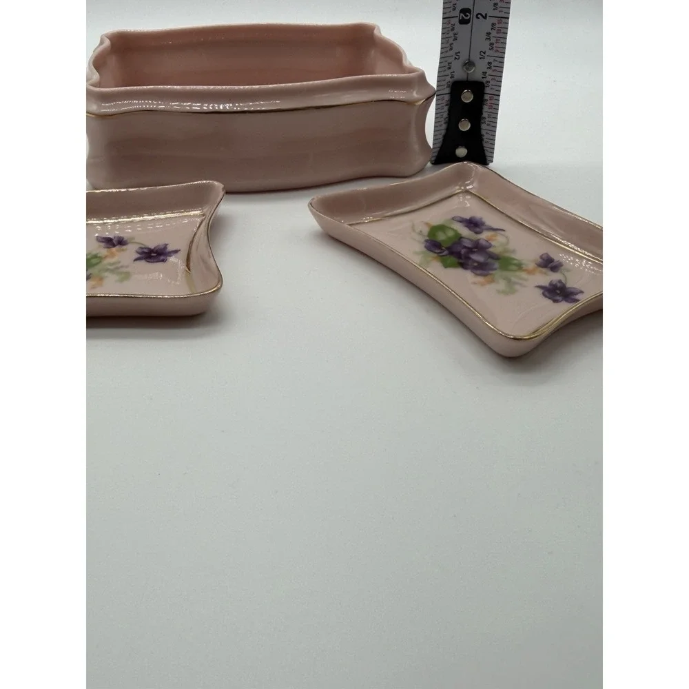 Leneige Vanity Trinket Box Set 2 Small Trays Pink Violets Glazed Vintage USA